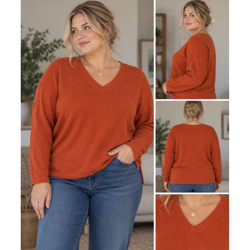 Jessica Holbrook Sweater 1X Orange Silk Angora V Neck Knit Long Sleeve